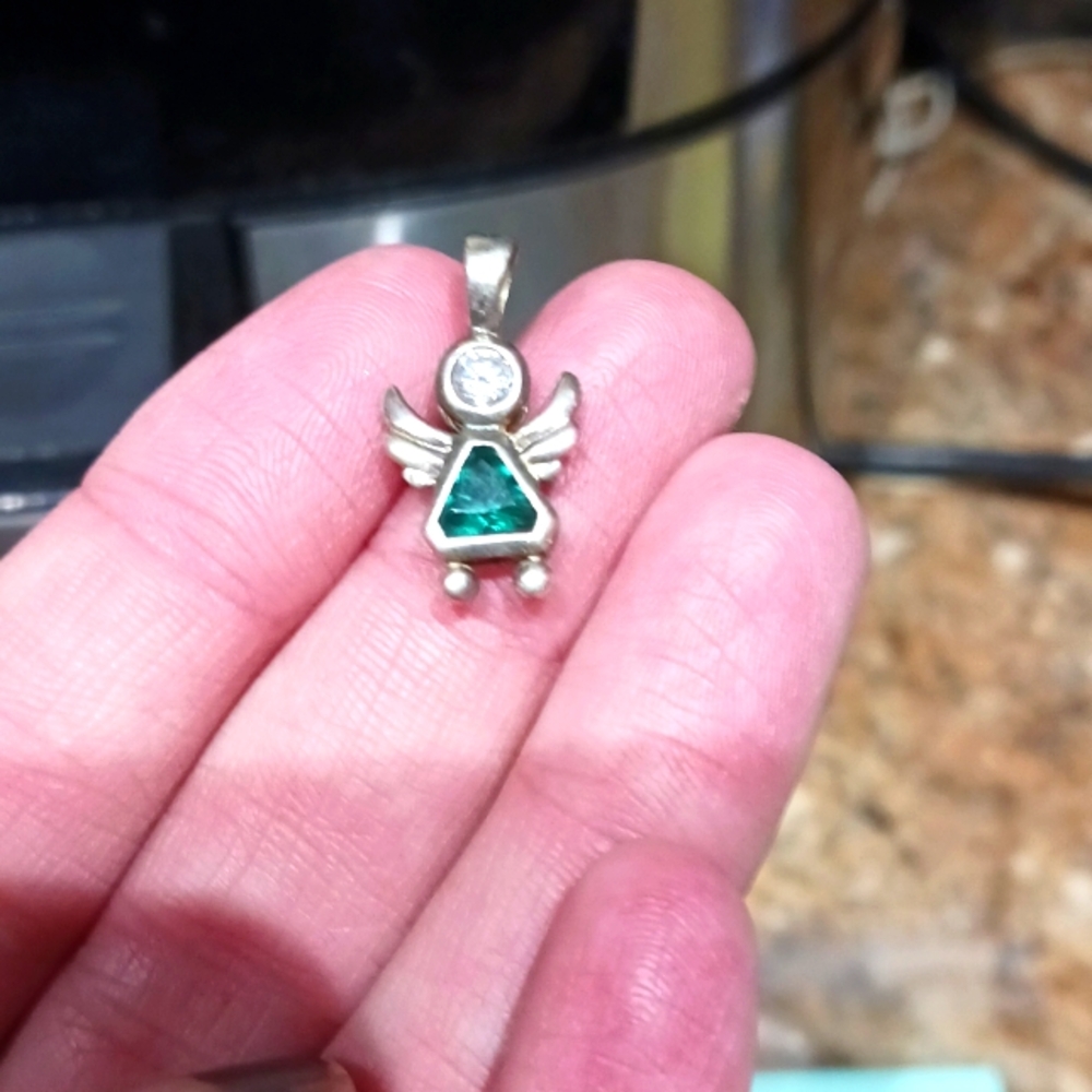 Vintage Sterling 925 Silver Angel Birthstone Pendant. Color- Emerald (May)